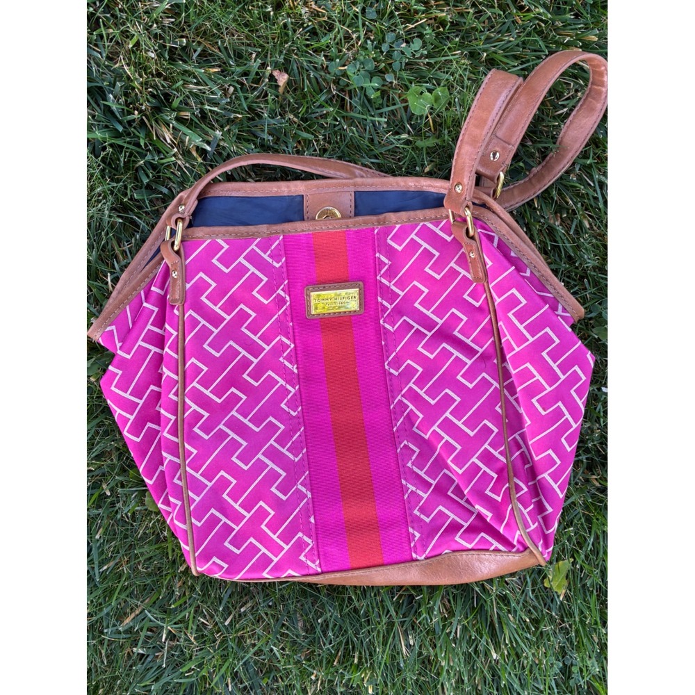 Tommy Hilfiger Pink Monogram Canvas Tote Bag Tan Trim Gold Tone Hardware